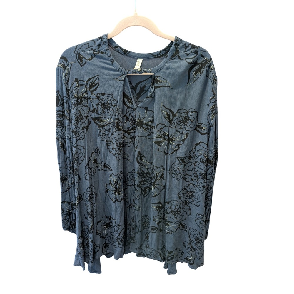 Free People Tunic Blouse Long Sleeve Deep Blue Black Floral Keyhole XS